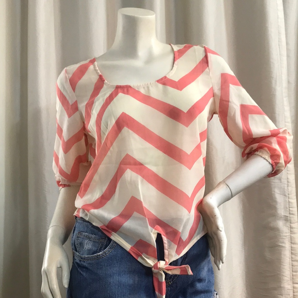 Sheer pink and white long sleeve chevron top NWOT